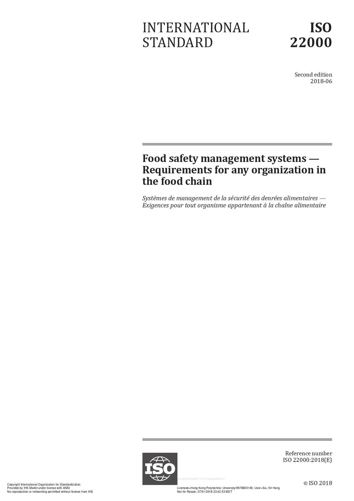 ISO 22000:2018 Food safety management systems